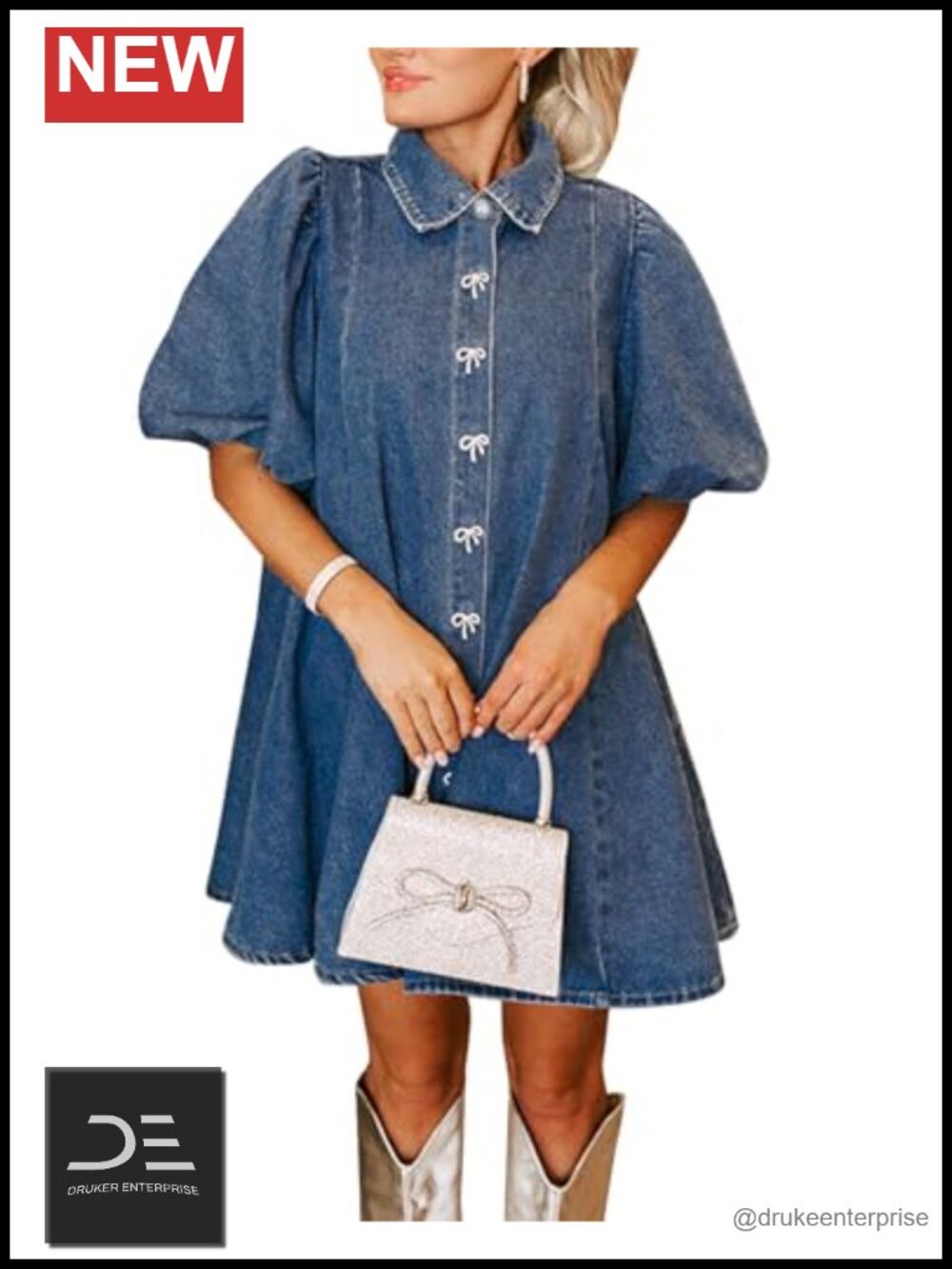 Women's Denim Babydoll Mini Dress Puff Sleeve Peter Pan Collar Bow